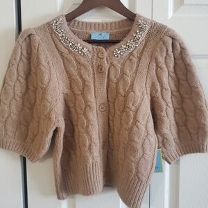 CECE NWT BURNT CARAMEL CARDIGAN SWEATER PUFF SLEAVES JEWELED NECK MED